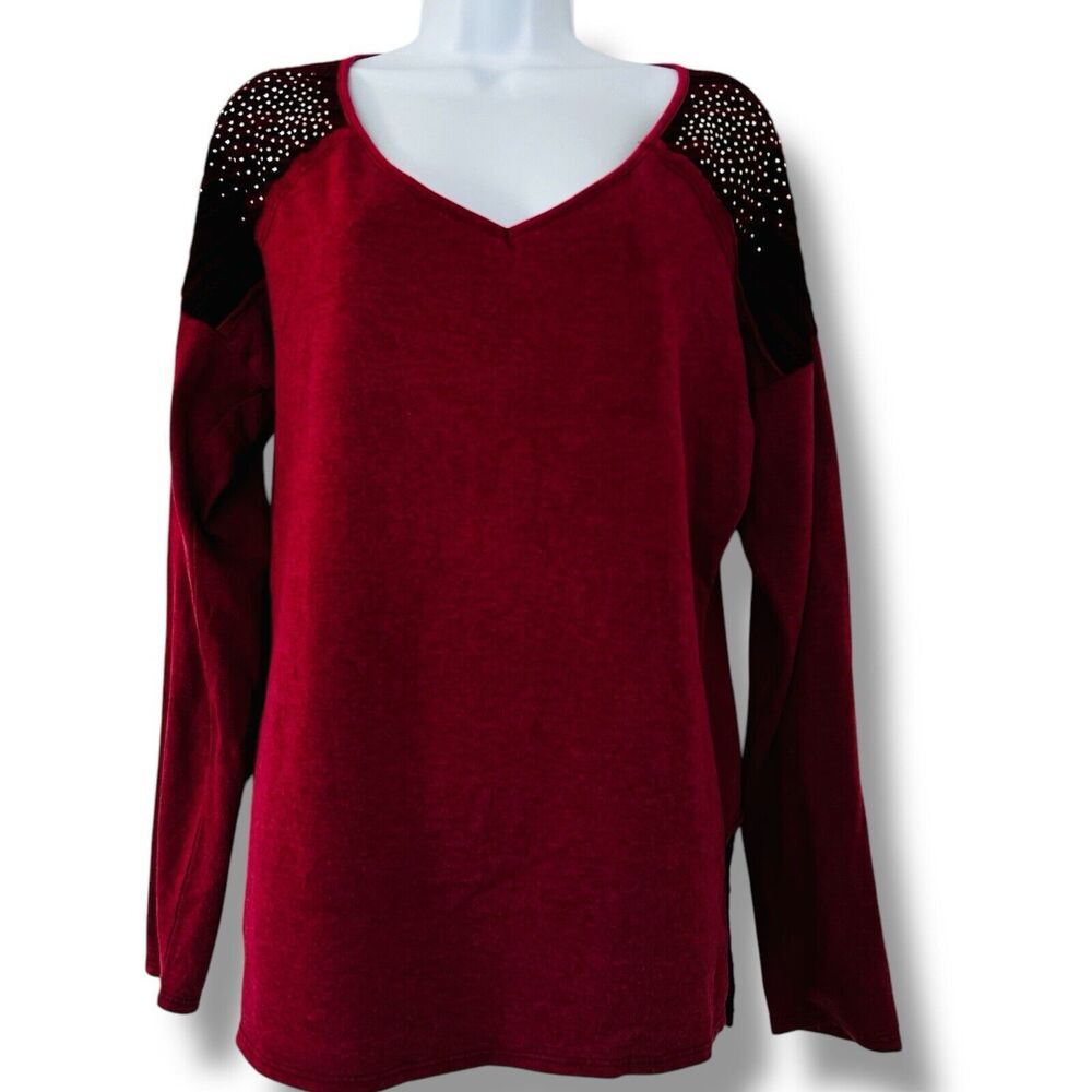 Maurice’s Large Burgundy Red Embellished Shoulders Tunic Top Lightweight Sweater